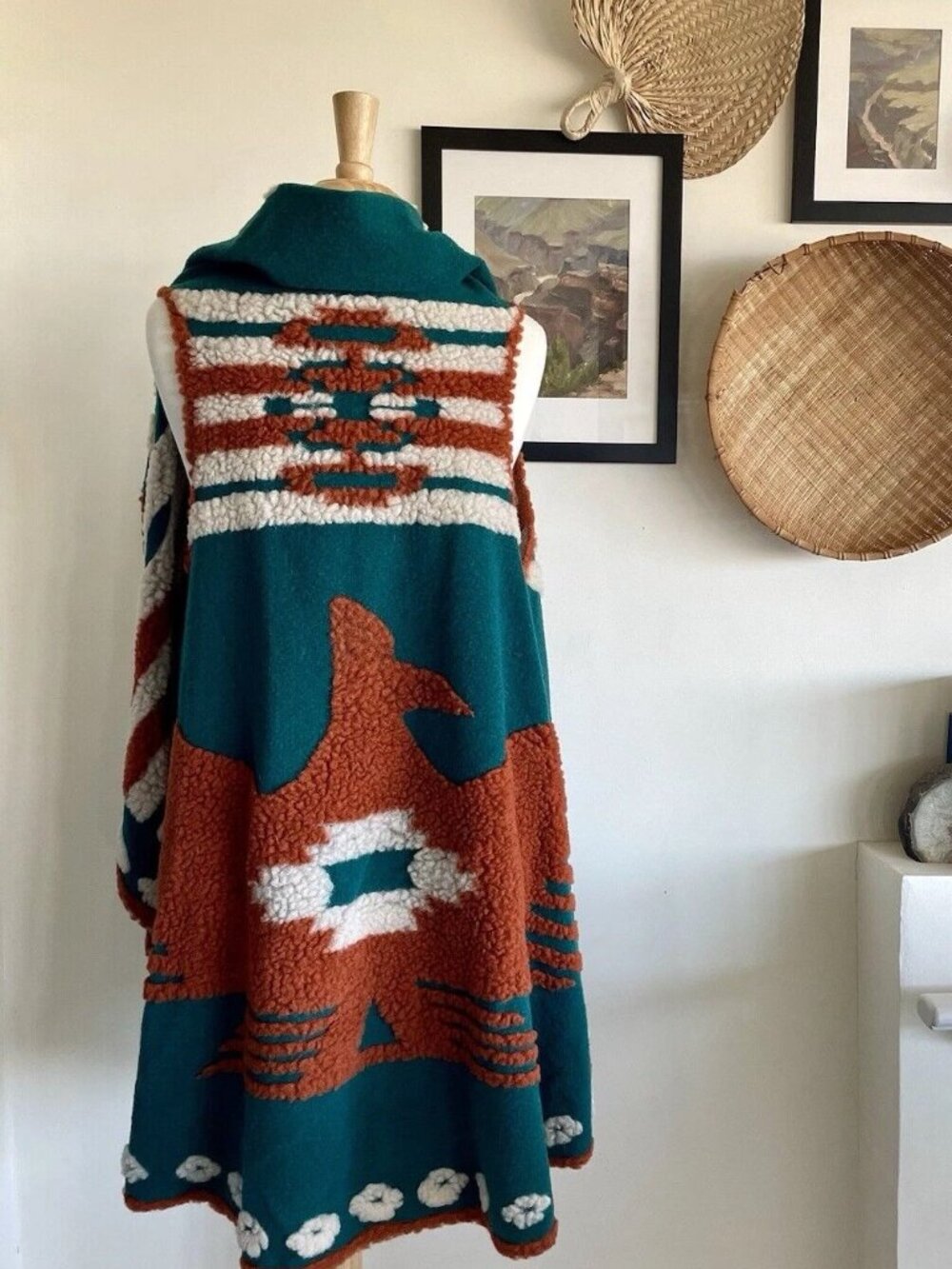 Ryan Michael Western Thunderbird Shawl Vest Poncho Wool Santa Fe Teal One Size